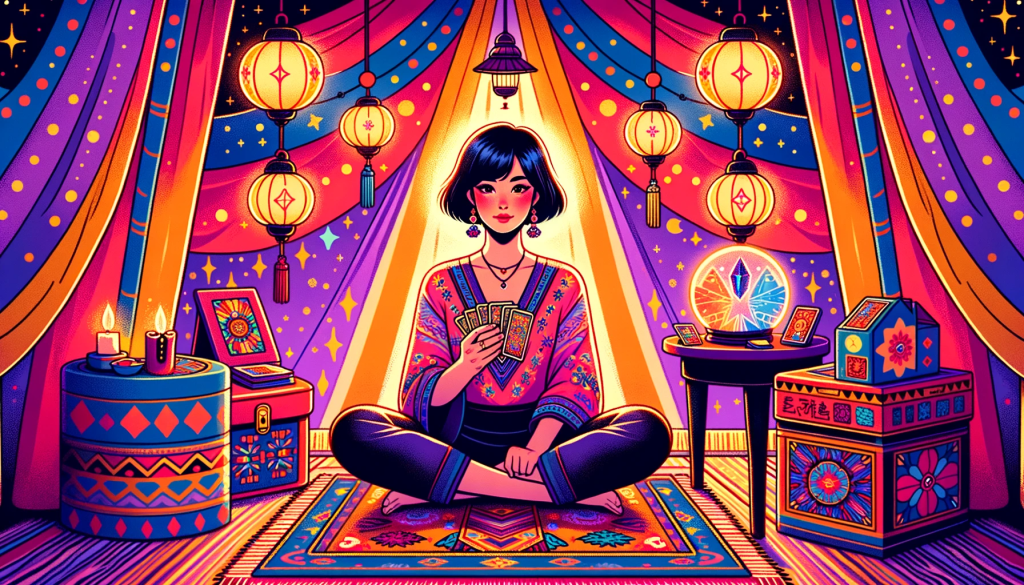 Psychic woman in a vibrant, colorful tent
